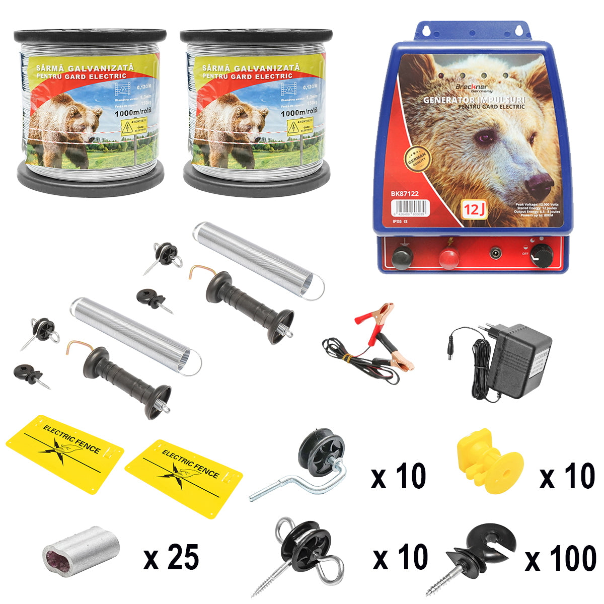 Complete electric fence kit 12/220V, 9.4 Joules wire length 2000m, 100 insulators and warning signs Britmann