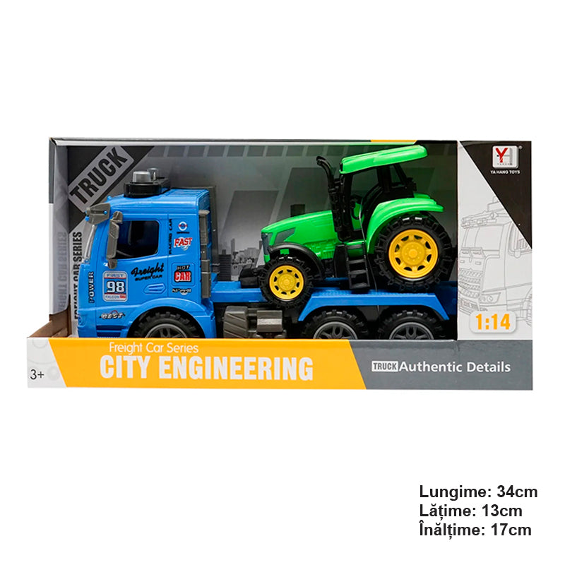 Blue trailer truck with authentic details on batteries together with a green toy tractor