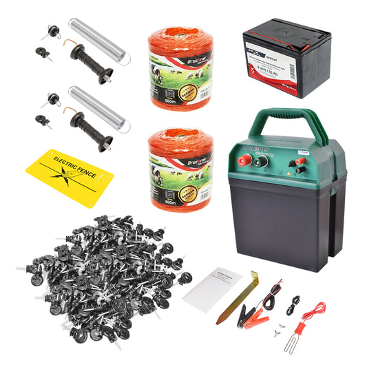 Complete electric fence kit 9/12V 0.21 Joule, wire length 1000m, 200 insulators, gate kit, warning sign, dry battery (non-rechargeable) 9V / 55Ah Breckner Germany