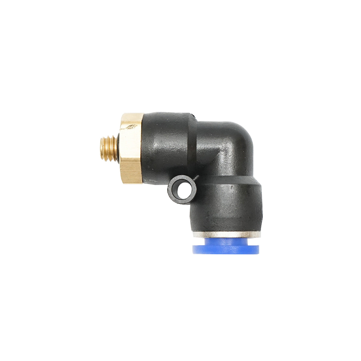 Quick reduction plastic elbow fitting for 8mm hose and M6 metal thread