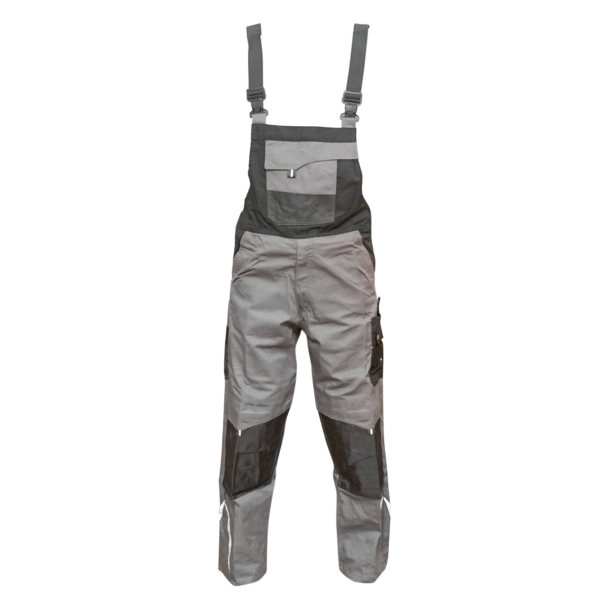 Work pants with bib, polyester with cotton overalls, gray with black, L Breckner Germany