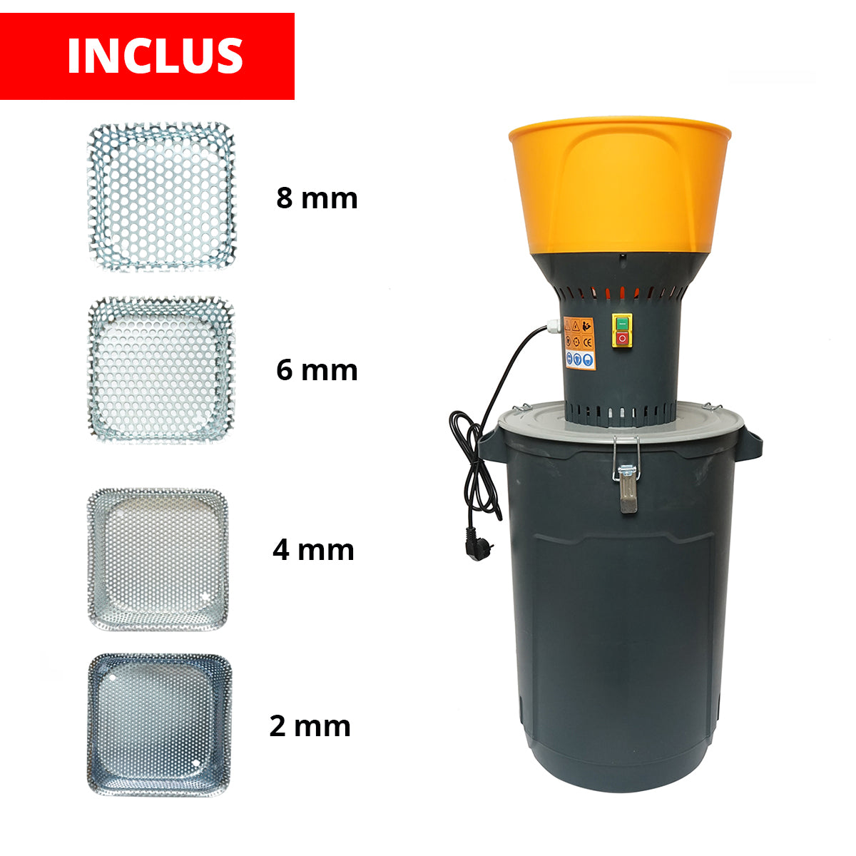 Electric grain mill 1.3 KW, 220V, automatic shut-off, 60L tank, 19000 r/min, capacity 350 Kg/h, 5 sieves included
