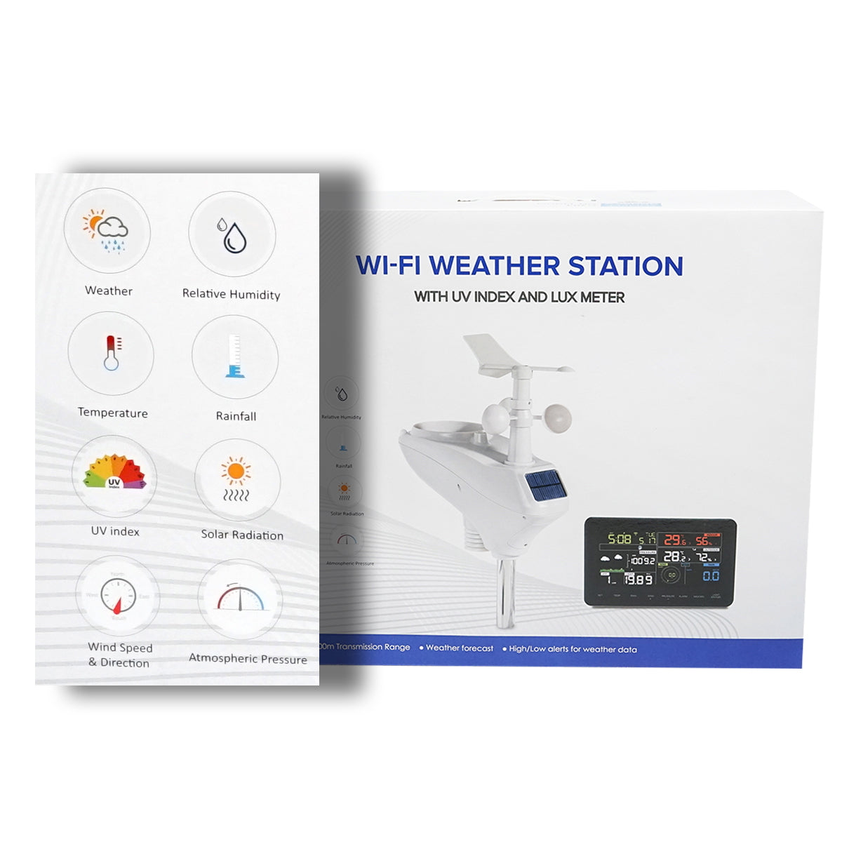 Professional WIFI weather station with UV index and lux meter, transmission distance in open field 100m