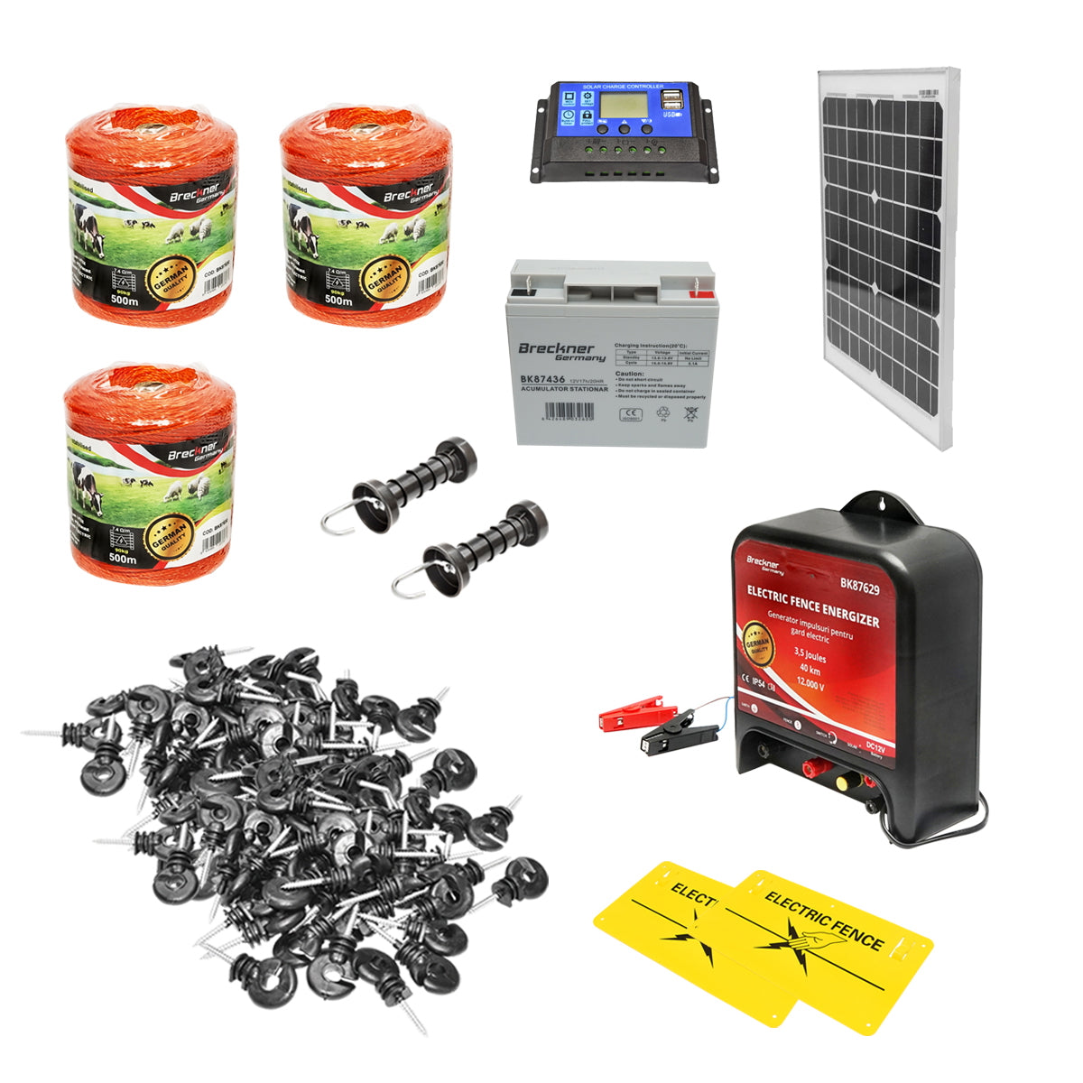 Complete electric fence kit 12V 4 Joules, wire length 1500m, solar panel 20W, battery 12V/17Ah, 200 insulators, and gate handle Breckner Germany