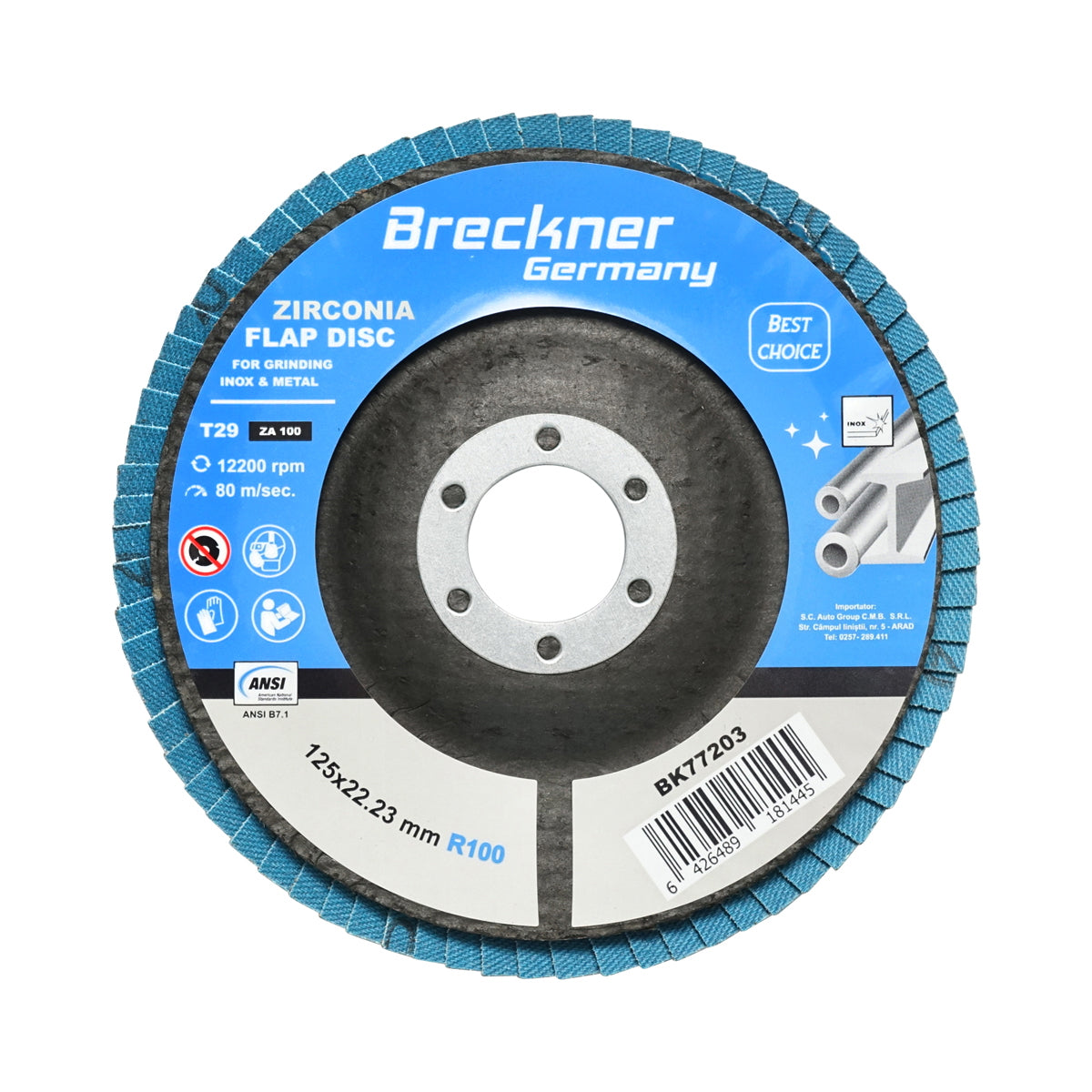 Zirconium abrasive grinding disc for cutting and polishing metal, stainless steel P100, 125mm Breckner Germany