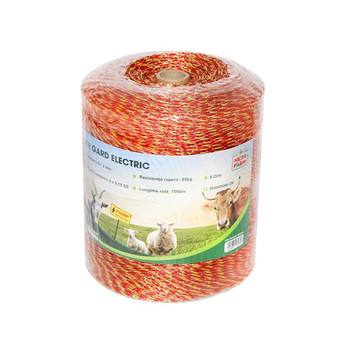 Roll of yellow-red wire 2mm with 6x0.15mm SS metal insert, resistance 8 Ohm/m, 1000m electric fence Mezofarm
