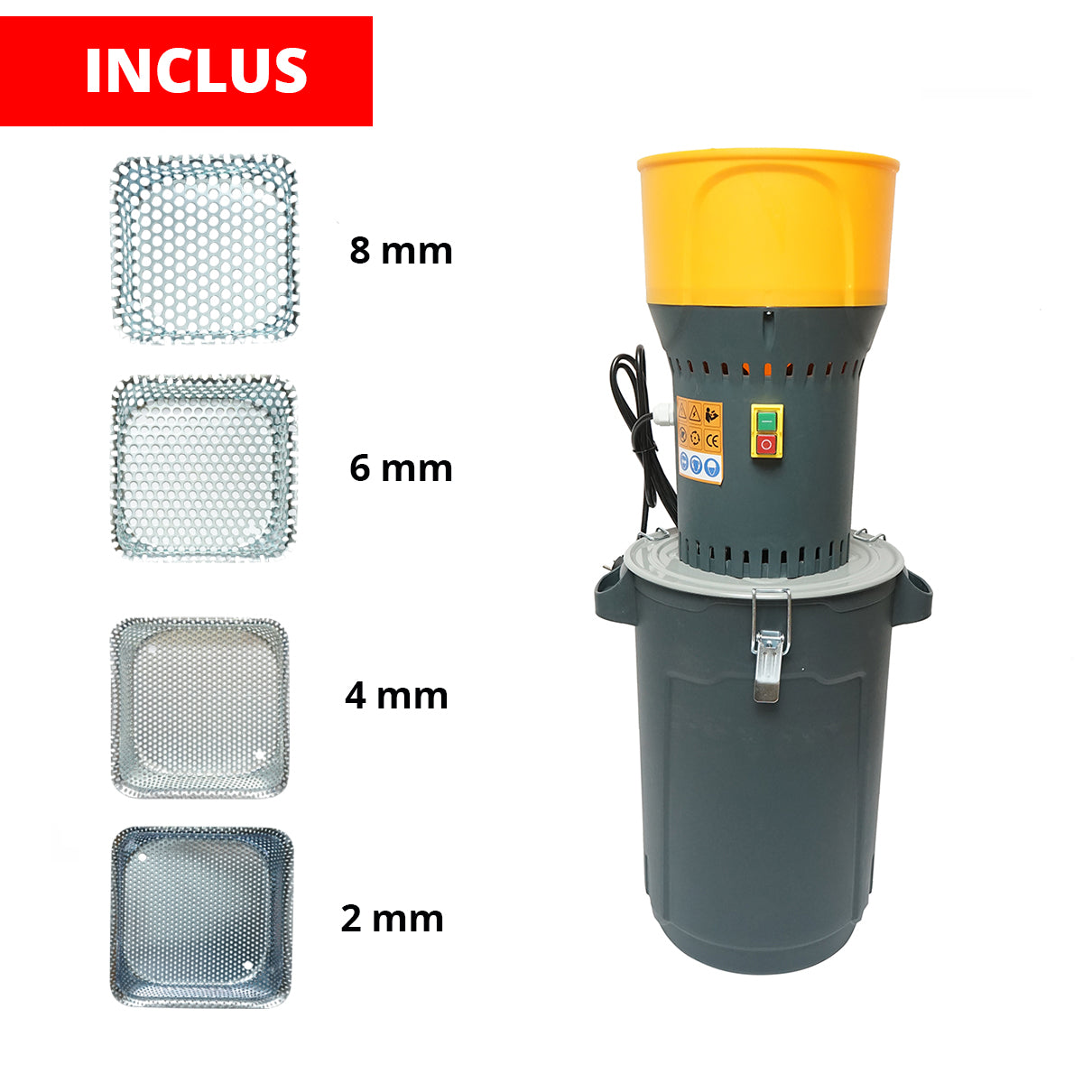 Electric grain mill 1 KW, 220V, 25L hopper, 19000 r/min, capacity 240 Kg/h, 5 sieves included.