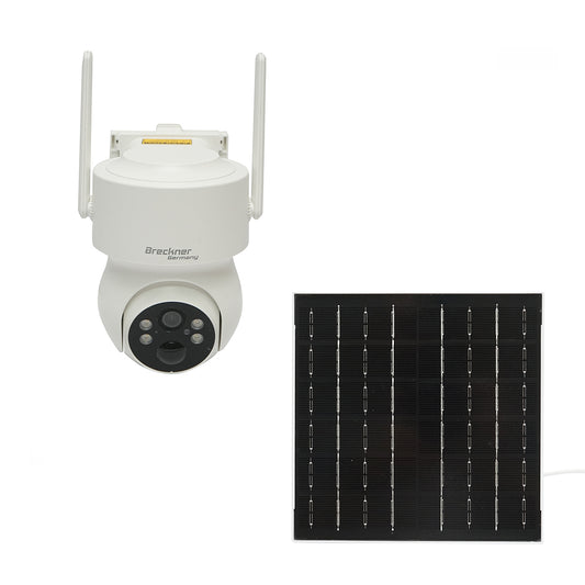 4 MP surveillance camera with 5W solar panel, fast charging 18650 battery, 2.4 GHz WIFI, 360-degree rotating PTZ with motion sensor, human detection PIR, alarm, night vision, and iCSee app.