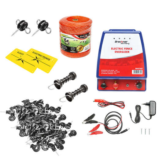 Complete electric fence kit 12/220V, 3.5 Joules wire length 1000m, 100 insulators Breckner Germany