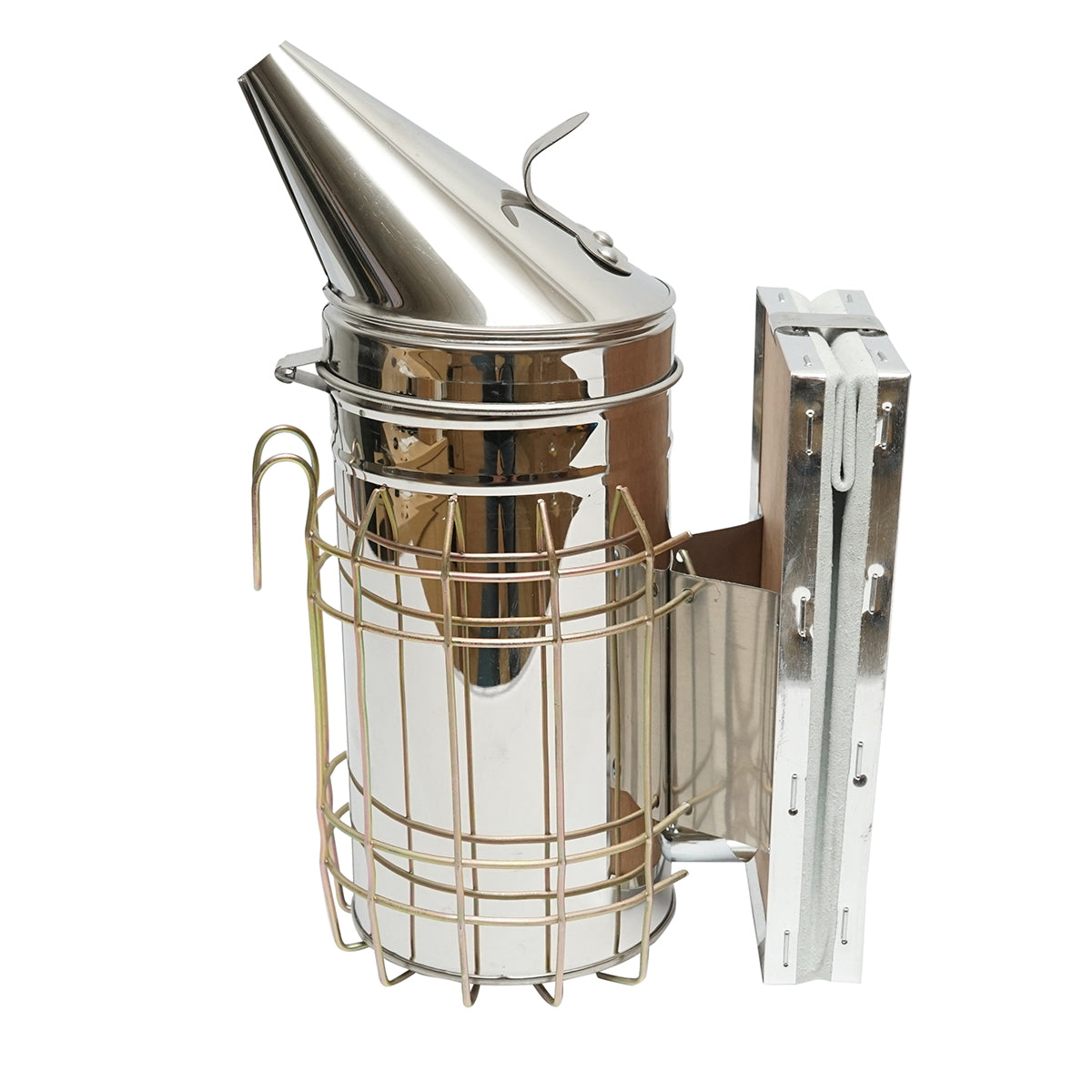 Stainless steel bee smoker with thermal shield cylinder and leather bellows 190mm