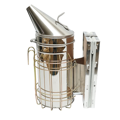 Stainless steel bee smoker with thermal shield cylinder and leather bellows 190mm