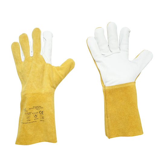 Leather welding gloves with lining, protective cuff 15cm yellow-white size 10 Breckner Germany