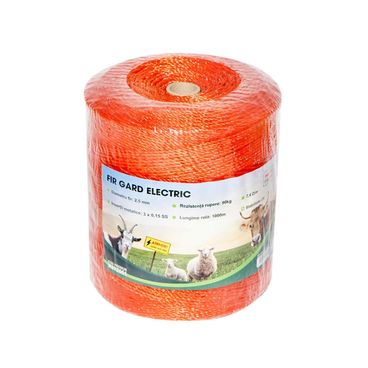 Roll of orange wire with 2.5mm metal insert 3x0.15mm SS, resistance 7.4 Ohm/m, 1000m electric fence Mezofarm