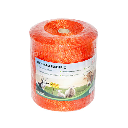 Roll of orange wire with 2.5mm metal insert 3x0.15mm SS, resistance 7.4 Ohm/m, 1000m electric fence Mezofarm