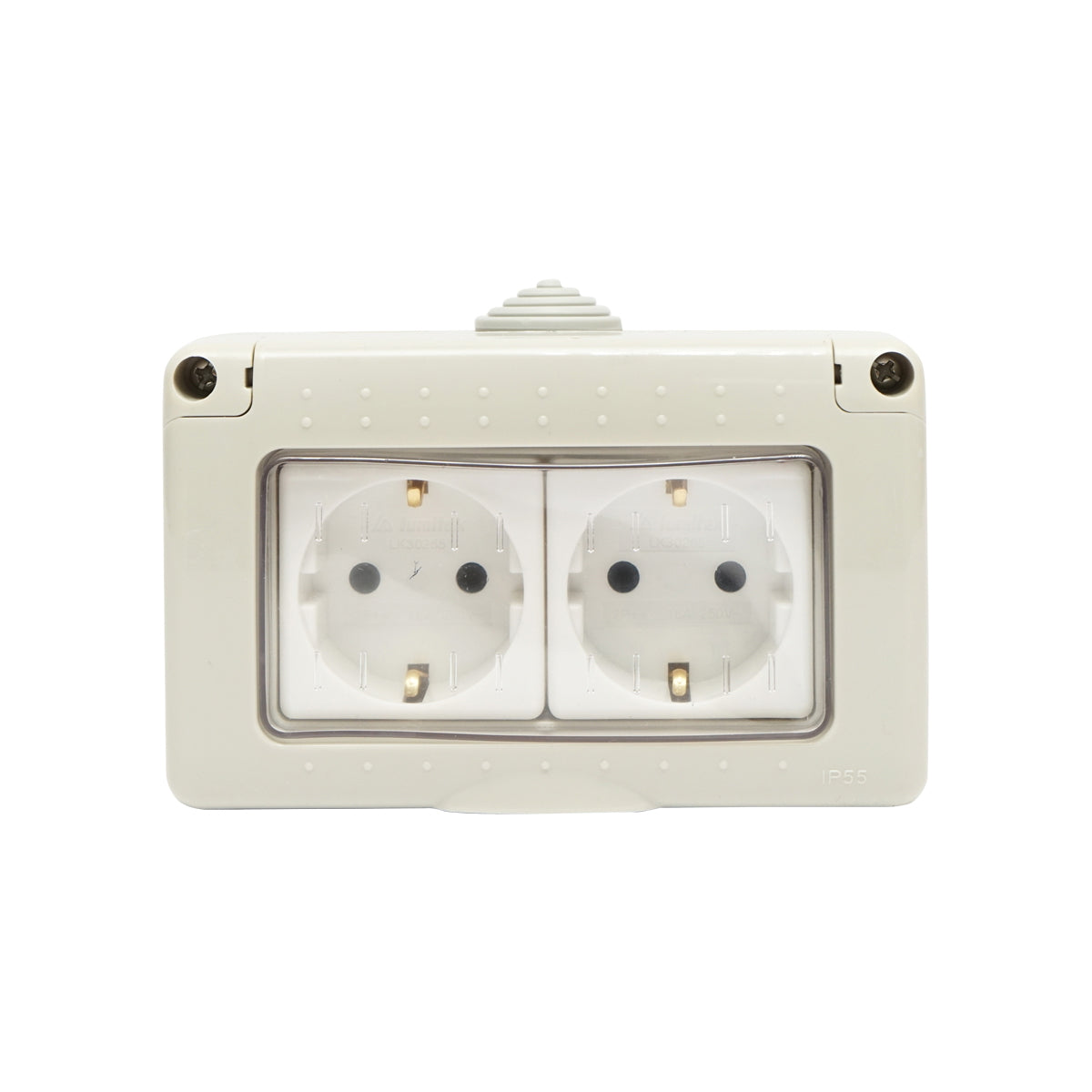 Schuko double socket applied for IP55, 16A, 250V with grounding and protection Breckner Germany