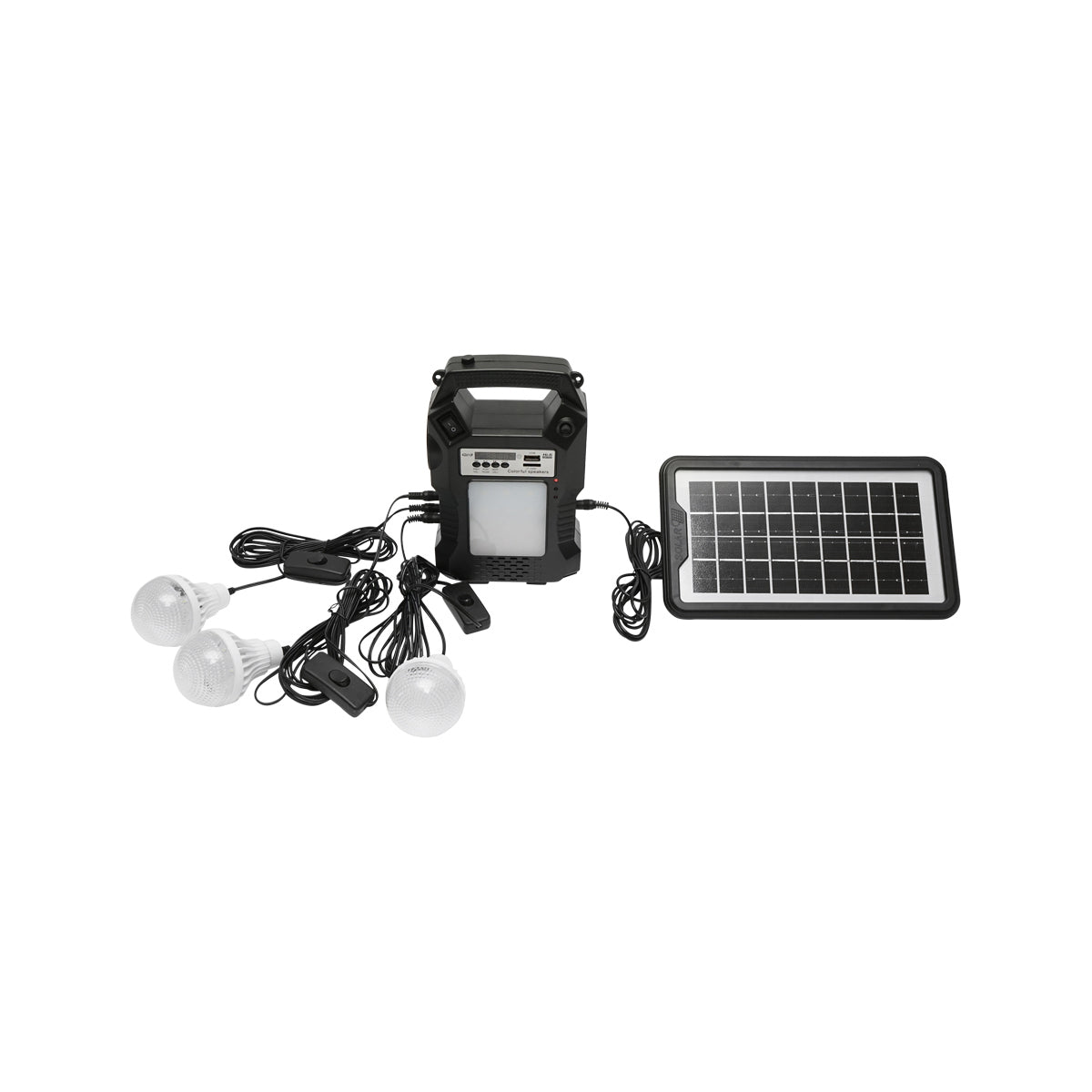 Portable LED lighting kit with 3 bulbs/projector, FM radio, solar panel remote control and 6V, 3 Ah battery for fishing camping GD-8060