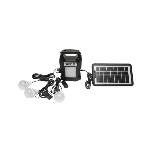 Portable LED lighting kit with 3 bulbs/projector, FM radio, solar panel remote control and 6V, 3 Ah battery for fishing camping GD-8060