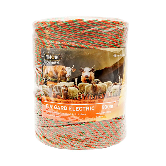 Roll of orange-green wire with a 3mm metallic insert 3x0.2mm SS+2x0.25mm, resistance 0.2 Ohm/m, 500m electric fence Thor