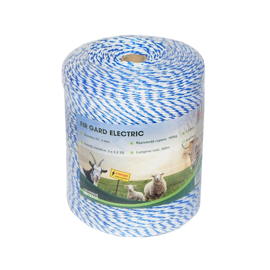 White-blue wire roll 3mm with metal insert 3x0.2mm SS, resistance 7.8 Ohm/m, 500m electric fence Mezofarm