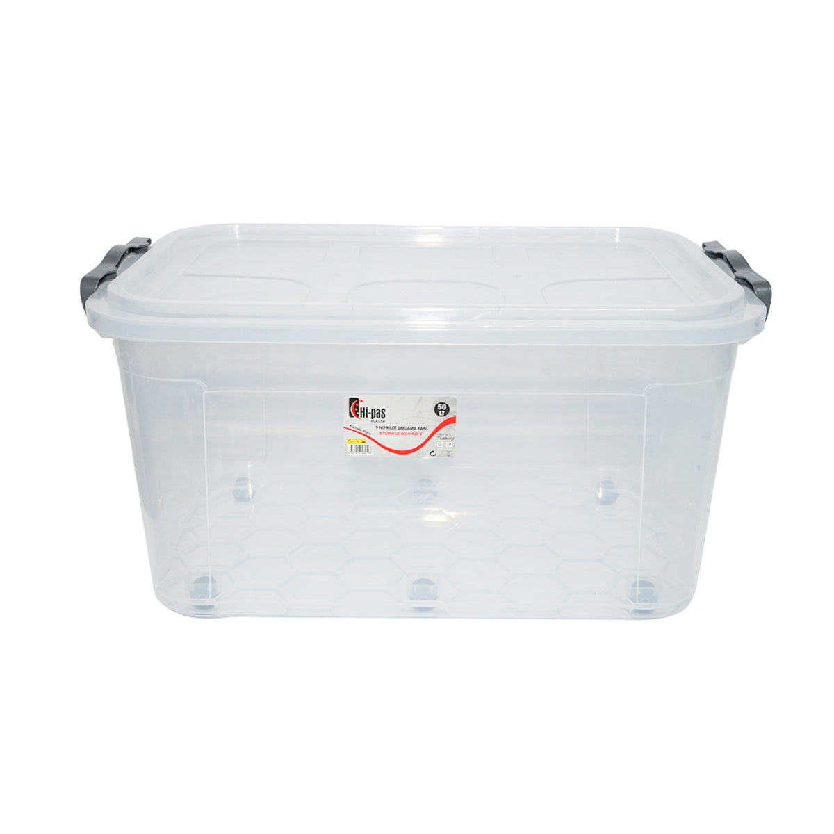 50L storage box with lid and wheels made of transparent plastic 400x630x320mm