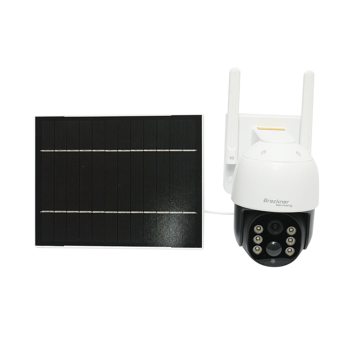 4 MP surveillance camera with 7.6W solar panel, 18650 battery, 4G SIM card, 360-degree rotating PTZ with motion sensor, 64 GB memory card, human detection PIR, and iCSee application.