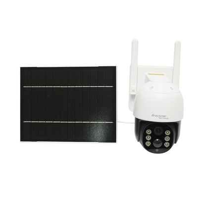 4 MP surveillance camera with 7.6W solar panel, 18650 battery, 4G SIM card, 360-degree rotating PTZ with motion sensor, 64 GB memory card, human detection PIR, and iCSee application.