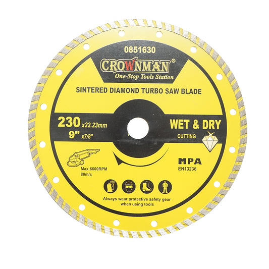 Turbo sintered diamond disc 230x22.23mm, max speed 6600rpm, wet/dry cutting for stone, tiles, ceramics, marble Crownman