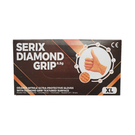 Unpowdered orange nitrile gloves with diamond grip texture, size XL, 50 pieces/box