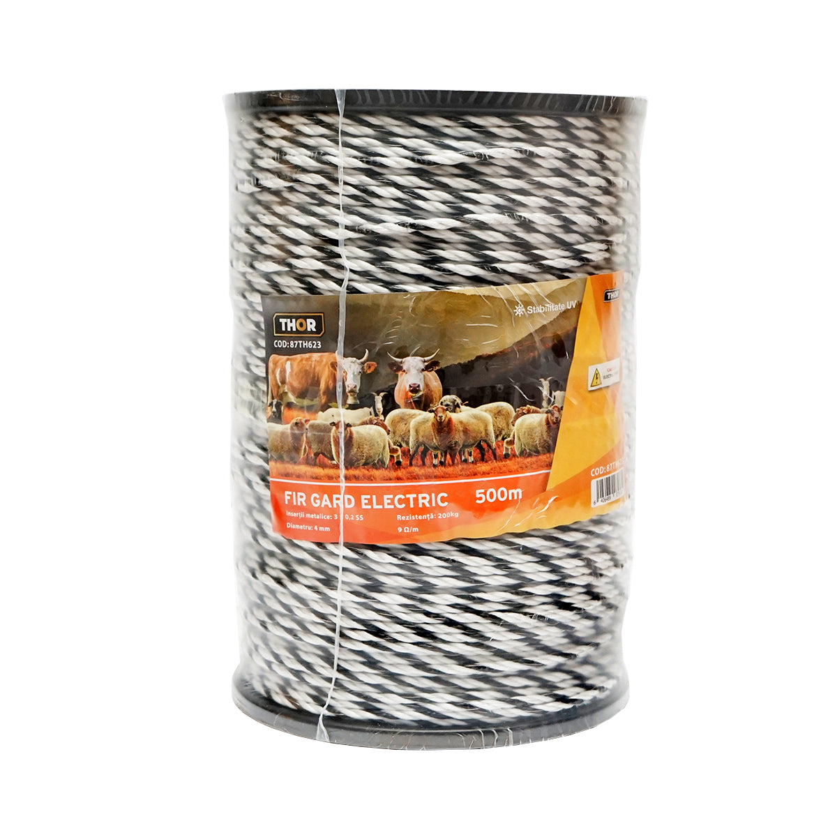 Black and white wire roll 4mm with metal insert 3x0.2mm SS, resistance 9 Ohm/m, 500m electric fence Thor