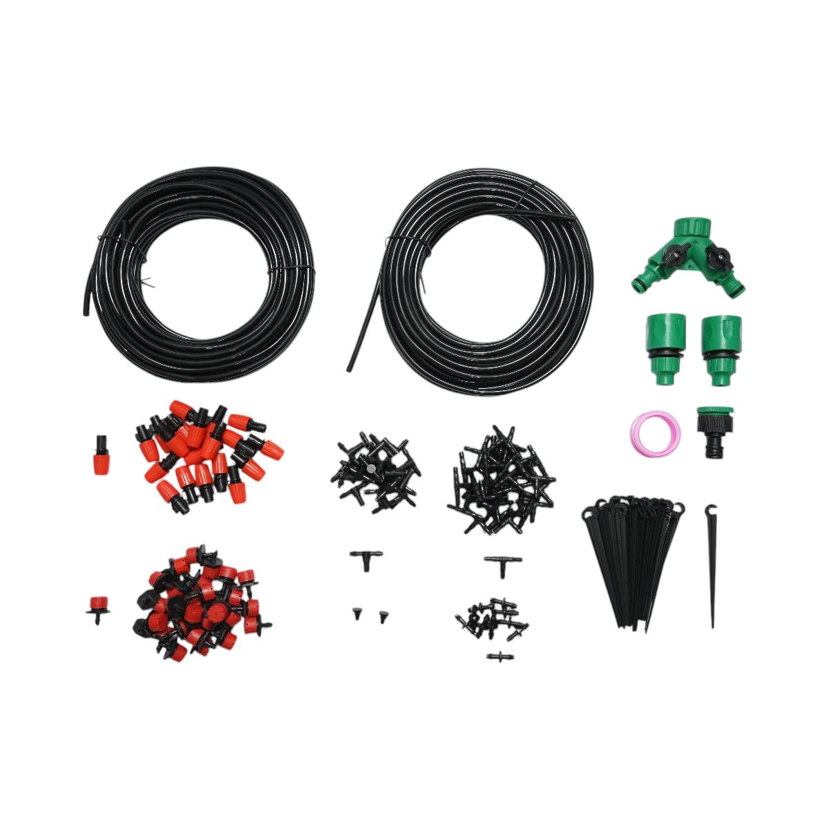 Complete drip and spray irrigation kit with 30m hose, nozzles, connectors, fixing stakes, 149 pieces.