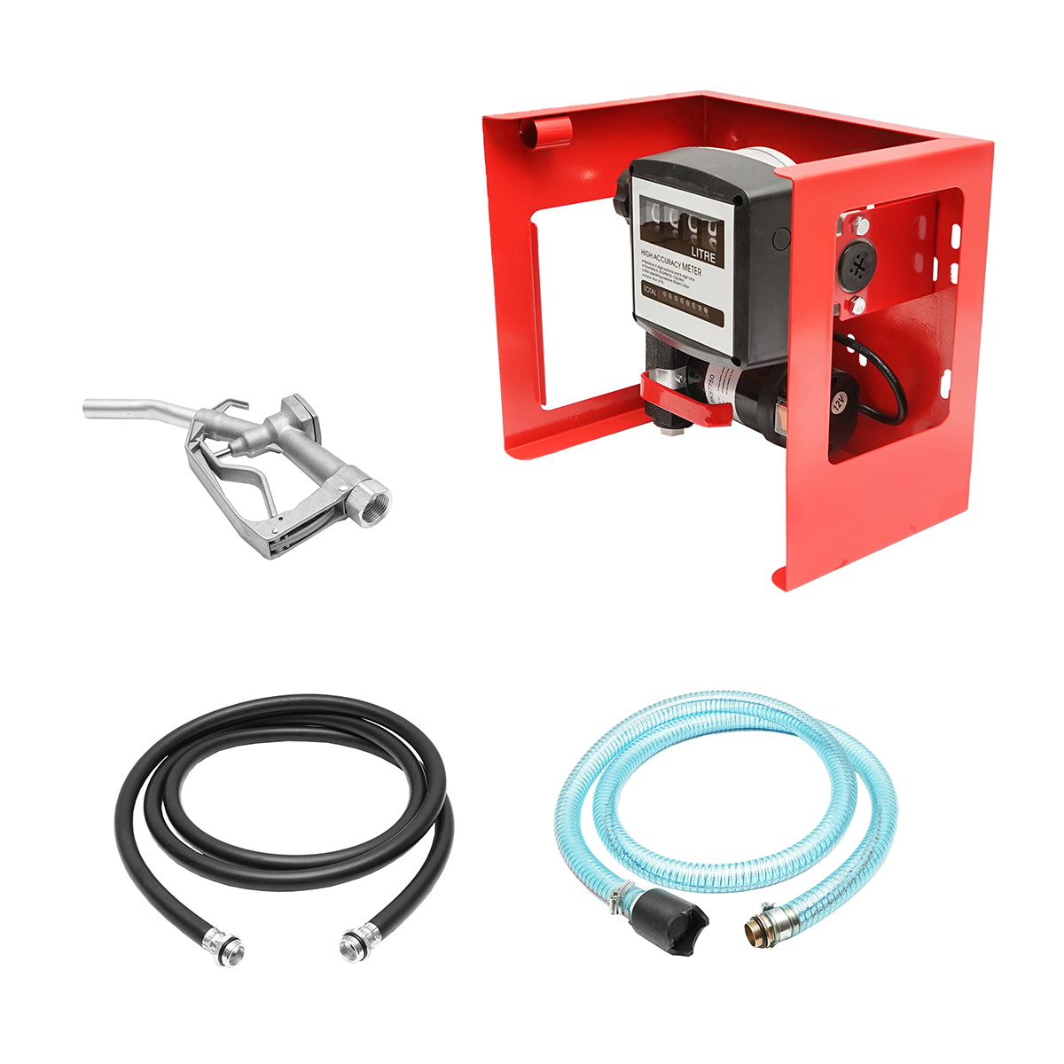 12V diesel transfer pump kit, 40L/min flow rate with counter, 1.5m suction hose, 4m transfer hose, and Breckner Germany pistol.