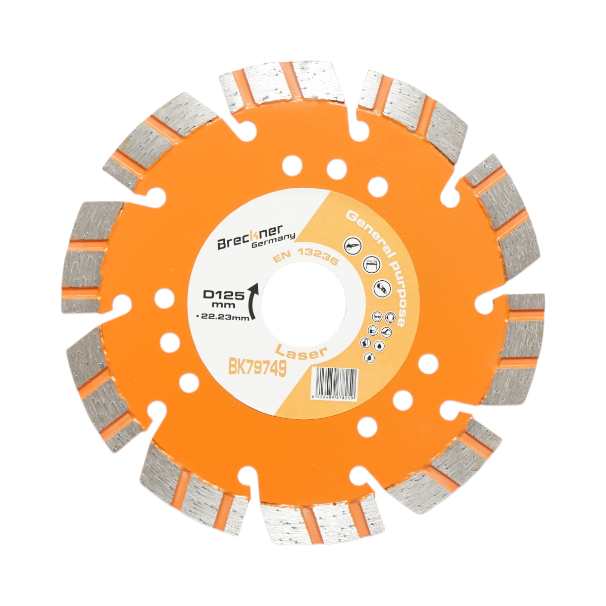 Diamond disc 125x22.23mm, 10mm segment with turbo segments for cutting reinforced concrete, hard stone, paving stones, Breckner Germany