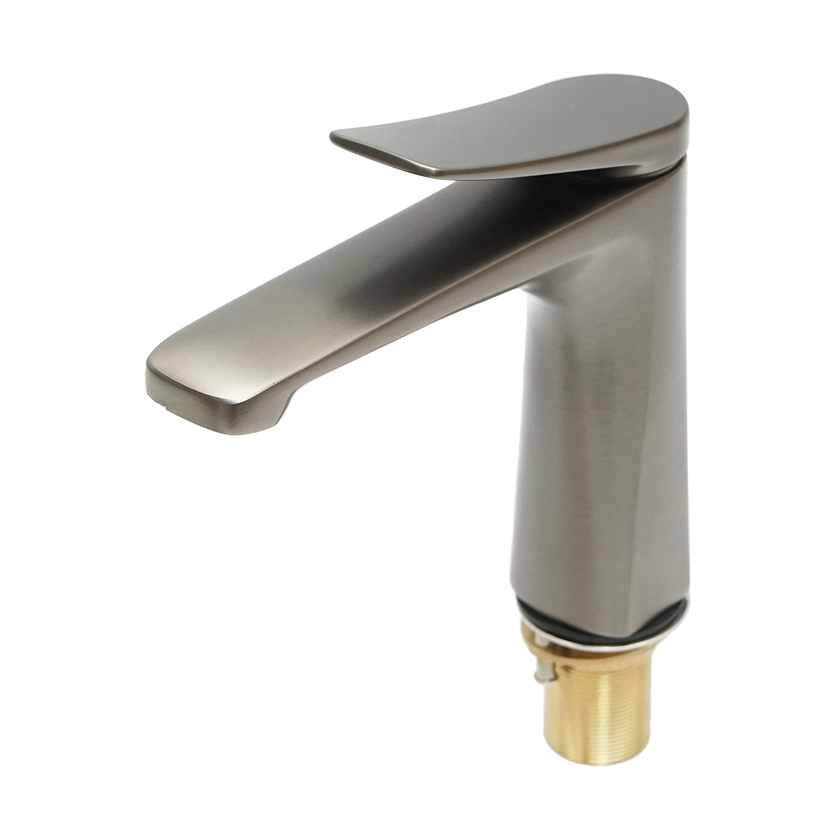 Bathroom sink faucet, mounted on sink or countertop, matte graphite finish.