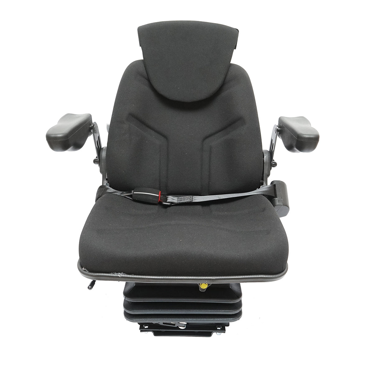 Black adjustable tractor seat with armrest, headrest, seatbelt, and mechanical suspension, seat width 455mm