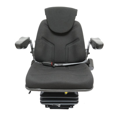 Black adjustable tractor seat with armrest, headrest, seatbelt, and mechanical suspension, seat width 455mm