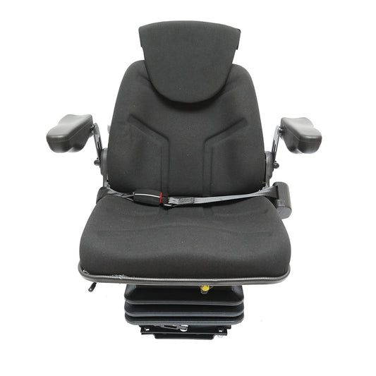 Black adjustable tractor seat with armrest, headrest, seatbelt, and mechanical suspension, seat width 455mm