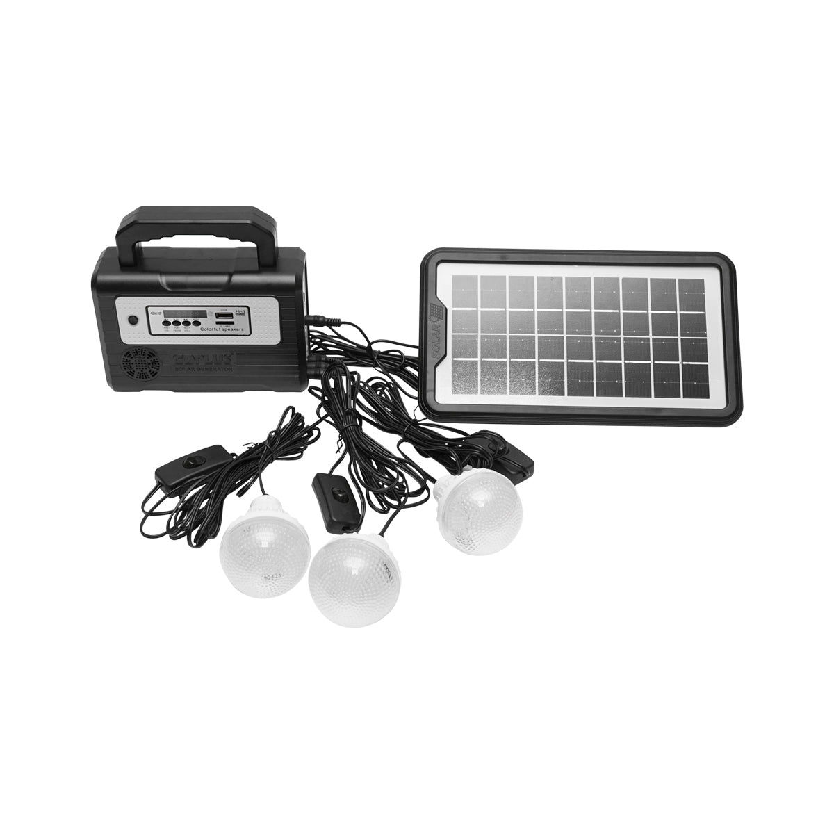 Portable LED lighting kit with 3 bulbs/projector, FM radio, solar panel remote control and 6V, 2 Ah battery for fishing camping GD-8028