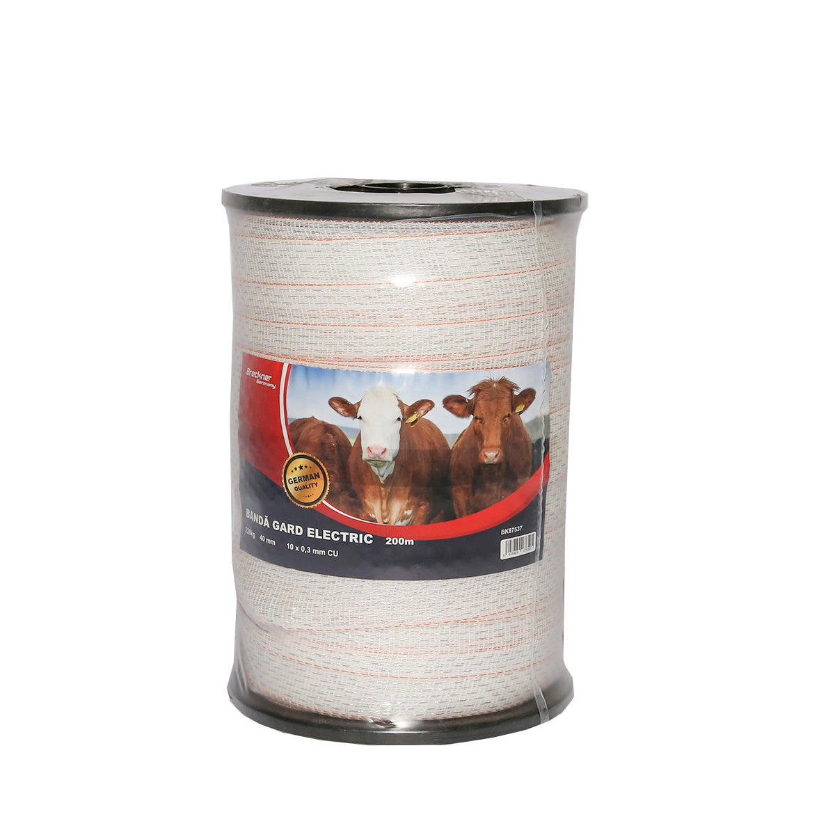 White-orange band roll, width 40mm 10x0.3mm with a length of 200m, resistance 1ohm/m for electric fence Breckner Germany