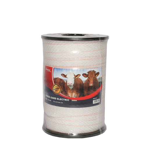 White-orange band roll, width 40mm 10x0.3mm with a length of 200m, resistance 1ohm/m for electric fence Breckner Germany