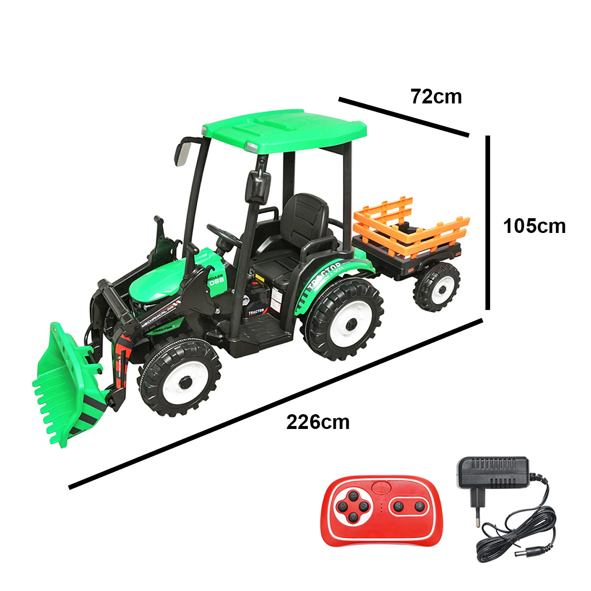 Electric tractor with trailer for kids with 12V/10Ah battery and remote control JS3158B green