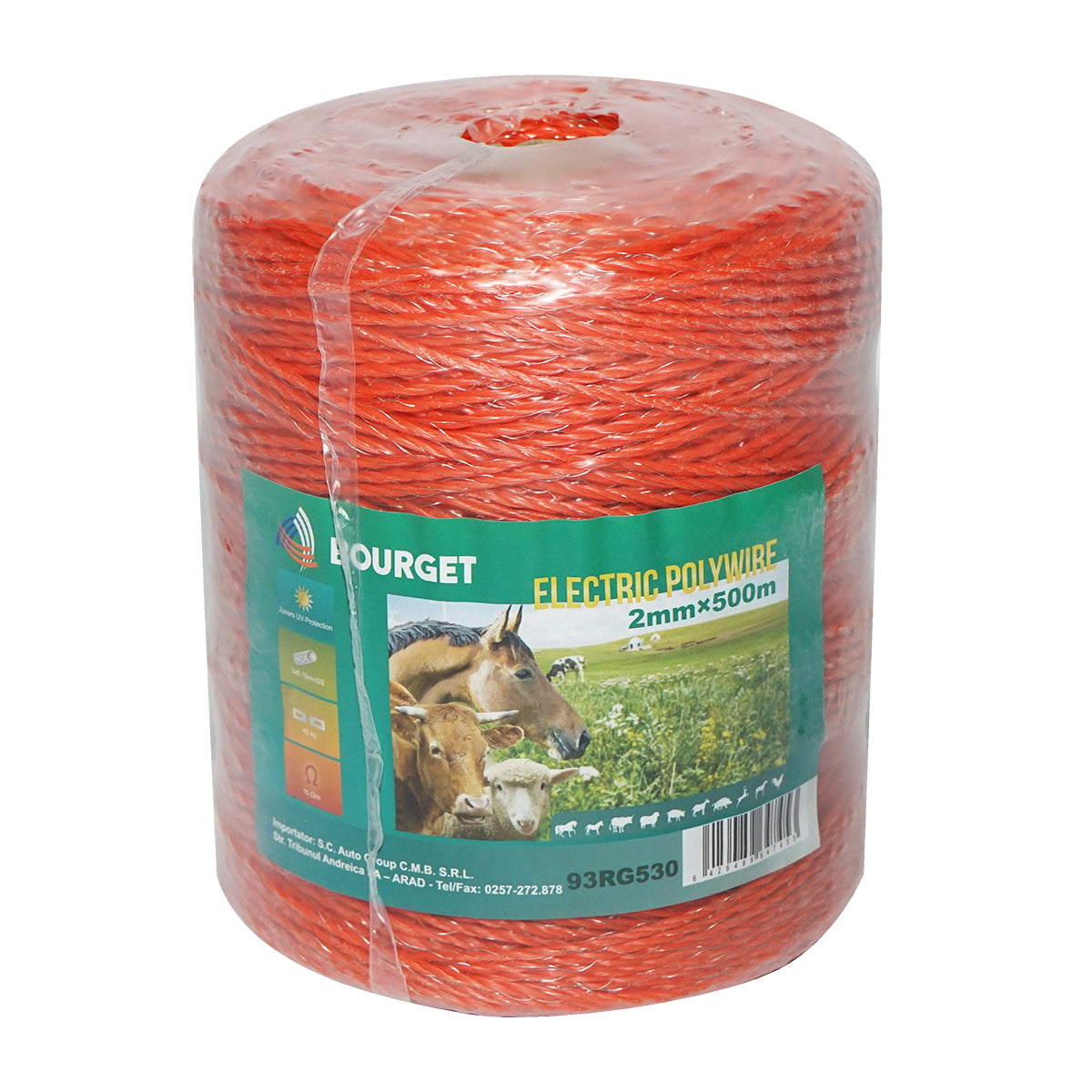 Orange wire reel with a diameter of 2mm, 3x0.15mm SS, 500m electric fence, resistance 15 Ohm Bourget.