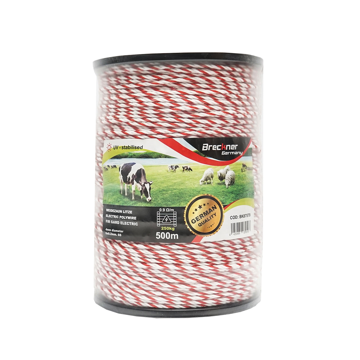 Roll of white-red wire 4mm 6x0.2mm SS, 0.9Ohm/m, 500m electric fence Breckner Germany