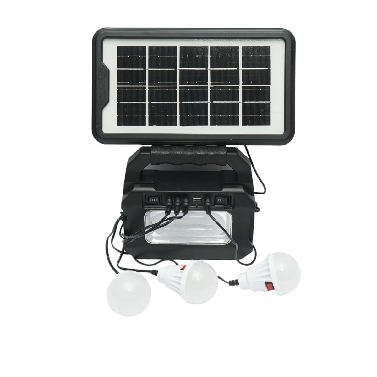 Portable LED lighting kit with 3 bulbs/projector, solar panel and 3.7V, 4500Ah battery for fishing camping GD-8080
