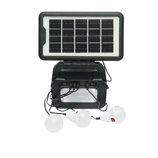 Portable LED lighting kit with 3 bulbs/projector, solar panel and 3.7V, 4500Ah battery for fishing camping GD-8080