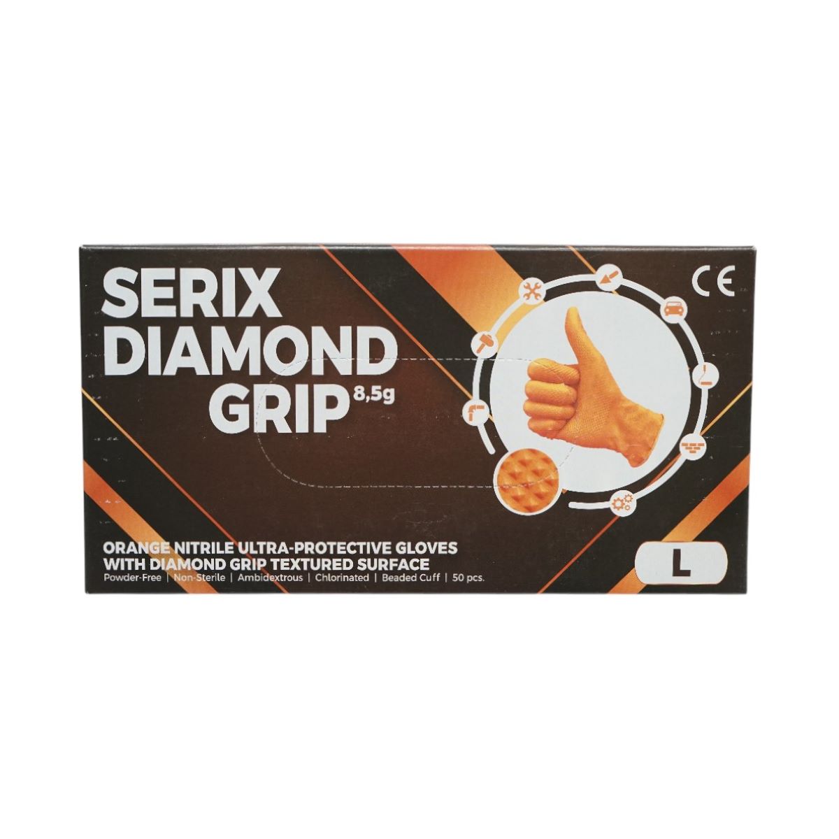 Unpowdered orange nitrile gloves with diamond grip texture, size L, 50 pieces/box