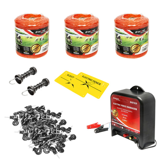 Complete electric fence kit 12V 3.5 Joules, wire length 1500m, 200 insulators and warning signs Breckner Germany