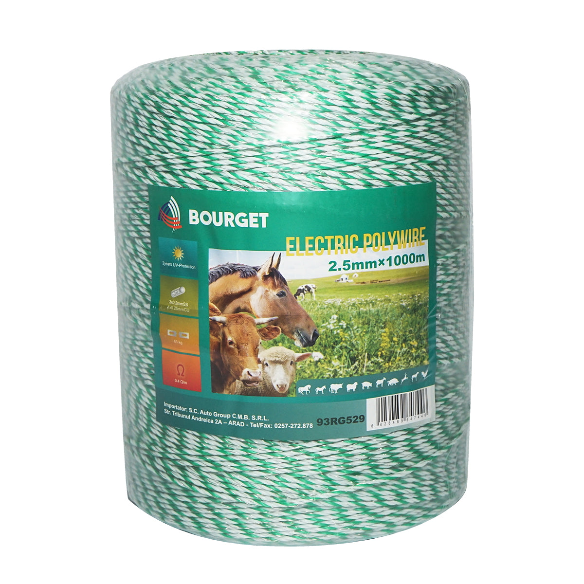 Roll of fluorescent green-white wire 2.5mm 3x0.2mm SS, 1x0.25mm Cu, 1000m electric fence Bourget