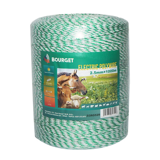 Roll of fluorescent green-white wire 2.5mm 3x0.2mm SS, 1x0.25mm Cu, 1000m electric fence Bourget