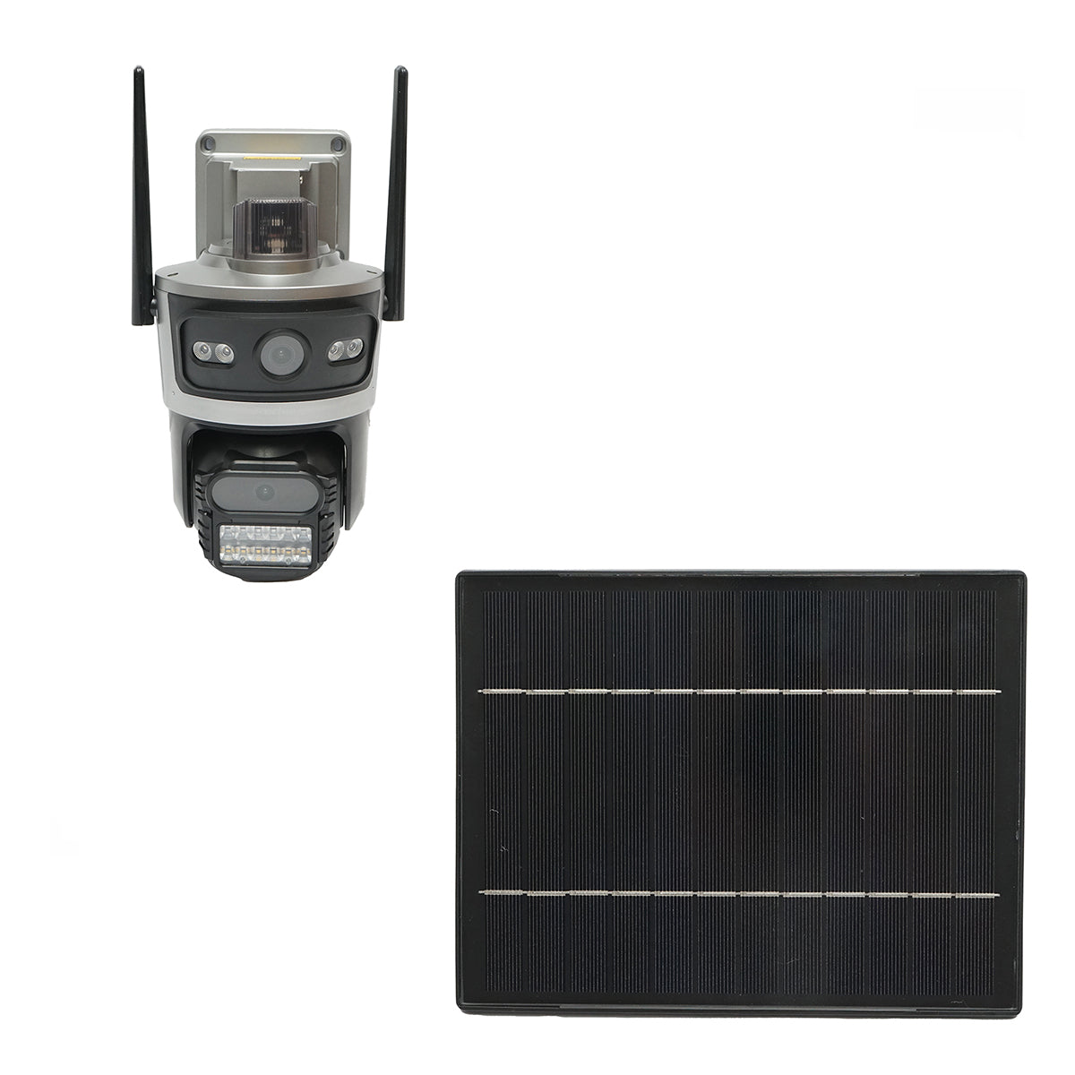 Dual lens 4 MP surveillance camera, 4G SIM card, 2.4 GHz WIFI with 7.6W solar panel, fast charging 18650 battery, 360-degree rotatable PTZ with motion sensor, human detection PIR, alarm, night vision, and iCSee application