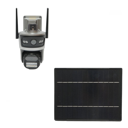 Dual lens 4 MP surveillance camera, 4G SIM card, 2.4 GHz WIFI with 7.6W solar panel, fast charging 18650 battery, 360-degree rotatable PTZ with motion sensor, human detection PIR, alarm, night vision, and iCSee application